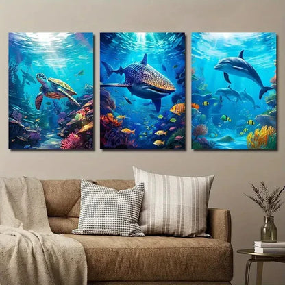 3pcs Underwater World Coral Reef With Animals Wall Art Set Canvas Unframed - High Quality Print 100% Australian Made Wall Canvas
