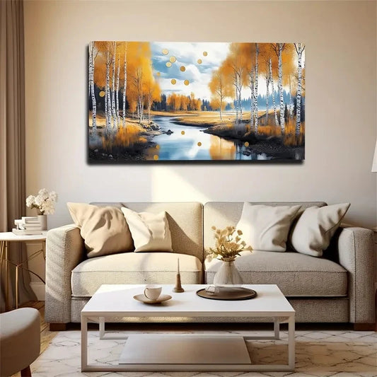 Realistic Autumn Birch Trees Wall Art Canvas Office Home Room Framed 120x60cm