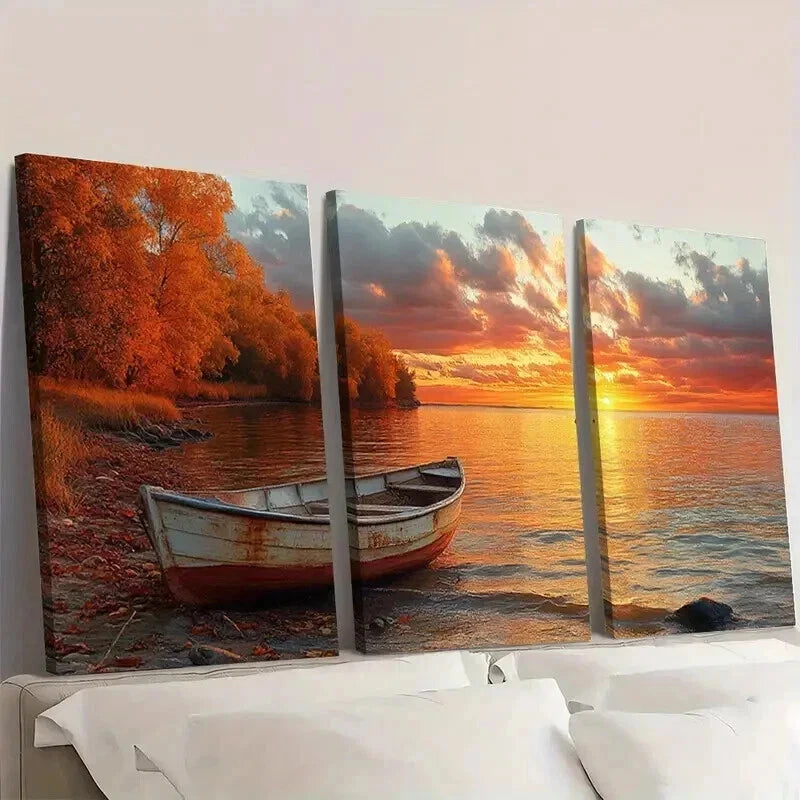 3pcs Serene Lake Scenery with Wooden Boat Wall Art Set Canvas Framed 40x60cm - High Quality Print 100% Australian Made Wall Canvas Ready to Hang - Bella Home Decor