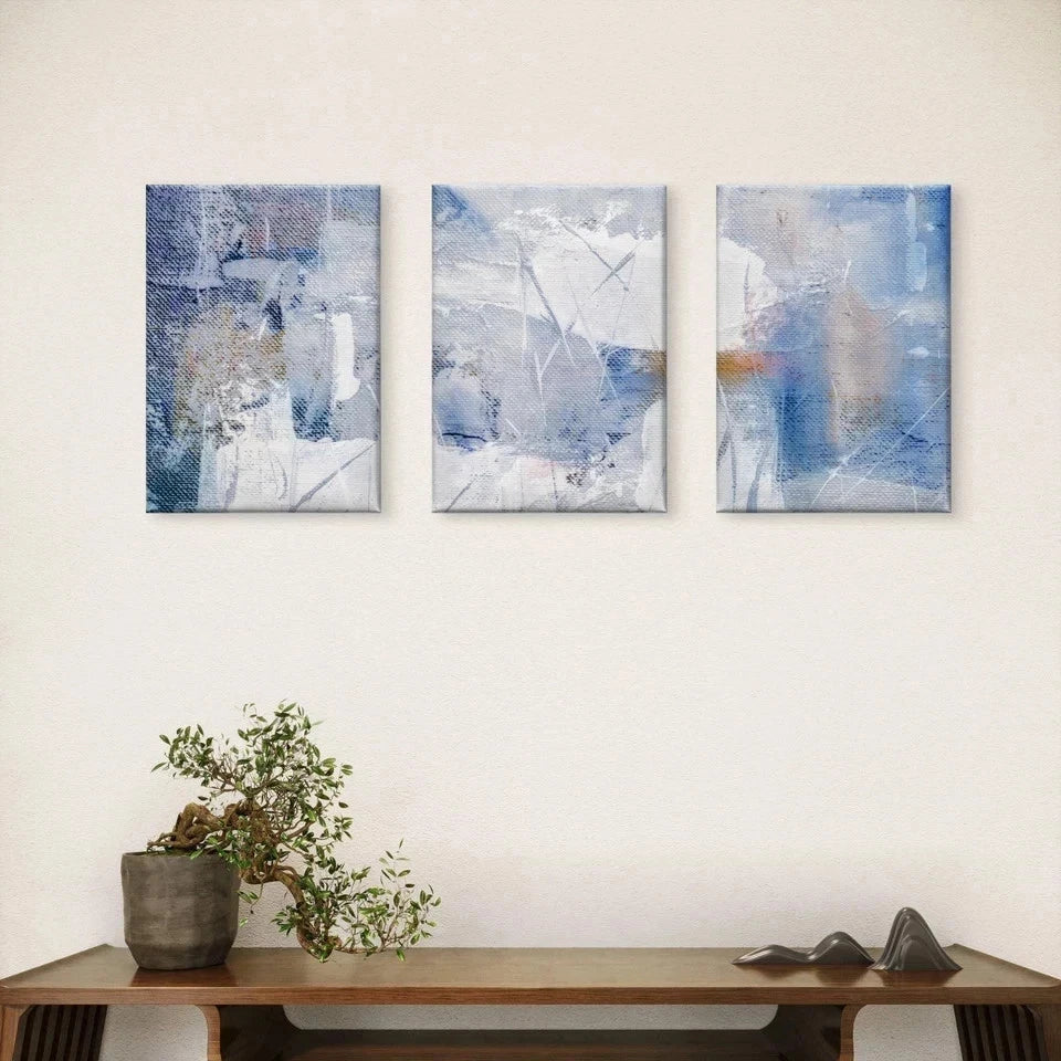 3pcs Blue and White Abstract Brushstroke Paint Wall Art Set Canvas Framed 50x70cm - High Quality Print 100% Australian Made Wall Canvas Ready to Hang