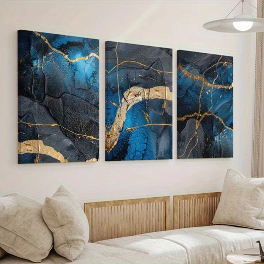 3pcs Abstract Golden and Blue Line Waves Wall Art Set Canvas Framed 60x90cm - High Quality Print 100% Australian Made Wall Canvas Ready to Hang