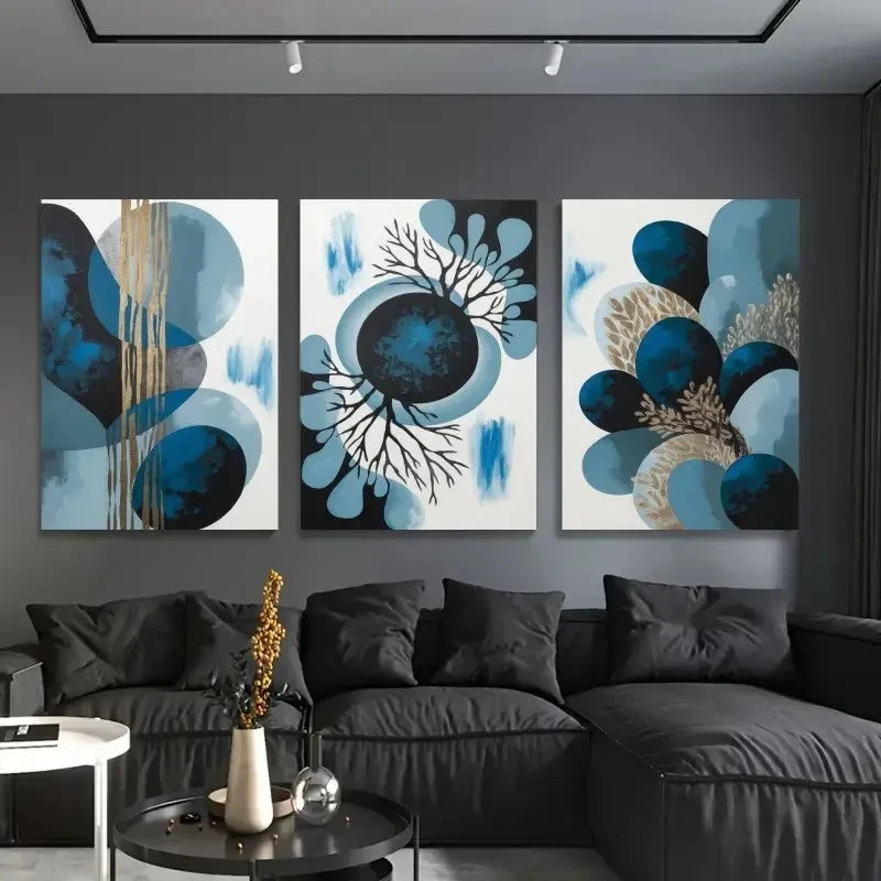 3pcs  Abstract Shapes Blue color Style, Popular   Wall Art Set Canvas Framed 60x90cm - High Quality Print 100% Australian Made Wall Canvas Ready to Hang - Bella Home Decor
