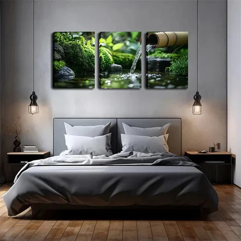 3pcs Black Pebbles Built Pond Natural Style Wall Art Set Canvas Unframed - High Quality Print 100% Australian Made Wall Canvas - Bella Home Decor