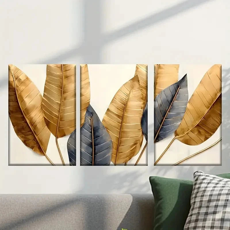 3pcs Three Golden Feathers on a White  Wall Art Set Canvas Framed 60x90cm - High Quality Print 100% Australian Made Wall Canvas Ready to Hang