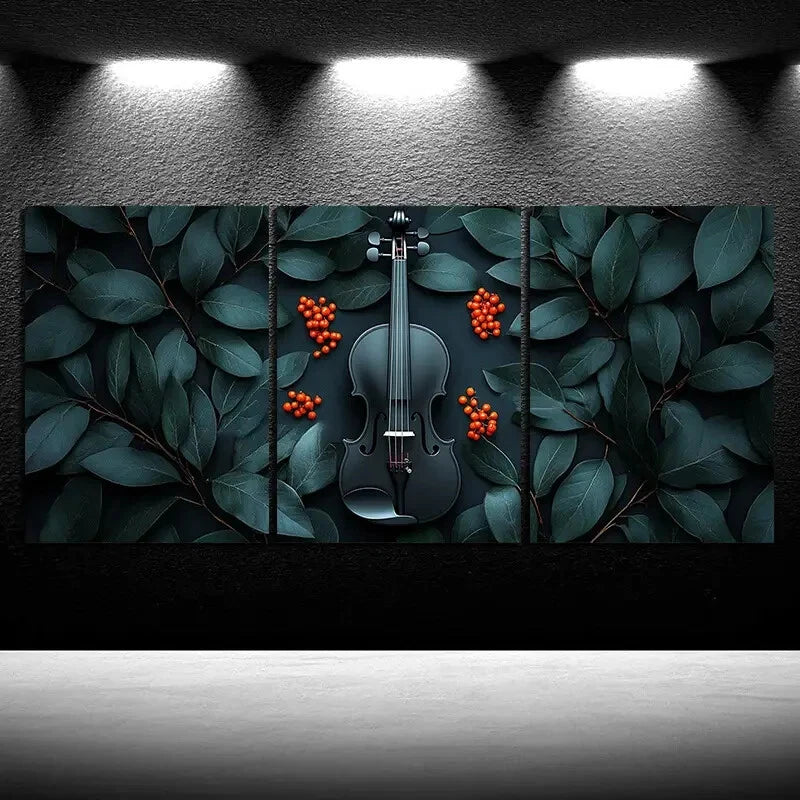 3pcs Chic Cello Trio Green Leaves Metal Print Ready to Hang Art - Bella Home Decor