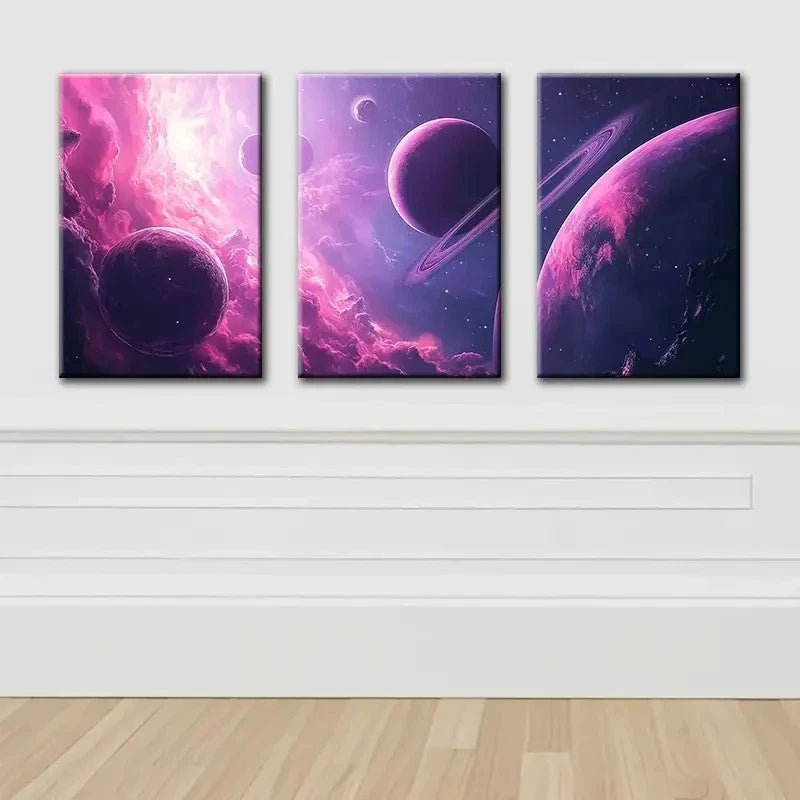 3pcs Space Themed Galaxy Planets Wall Art Set Canvas Framed 60x90cm - High Quality Print 100% Australian Made Wall Canvas Ready to Hang