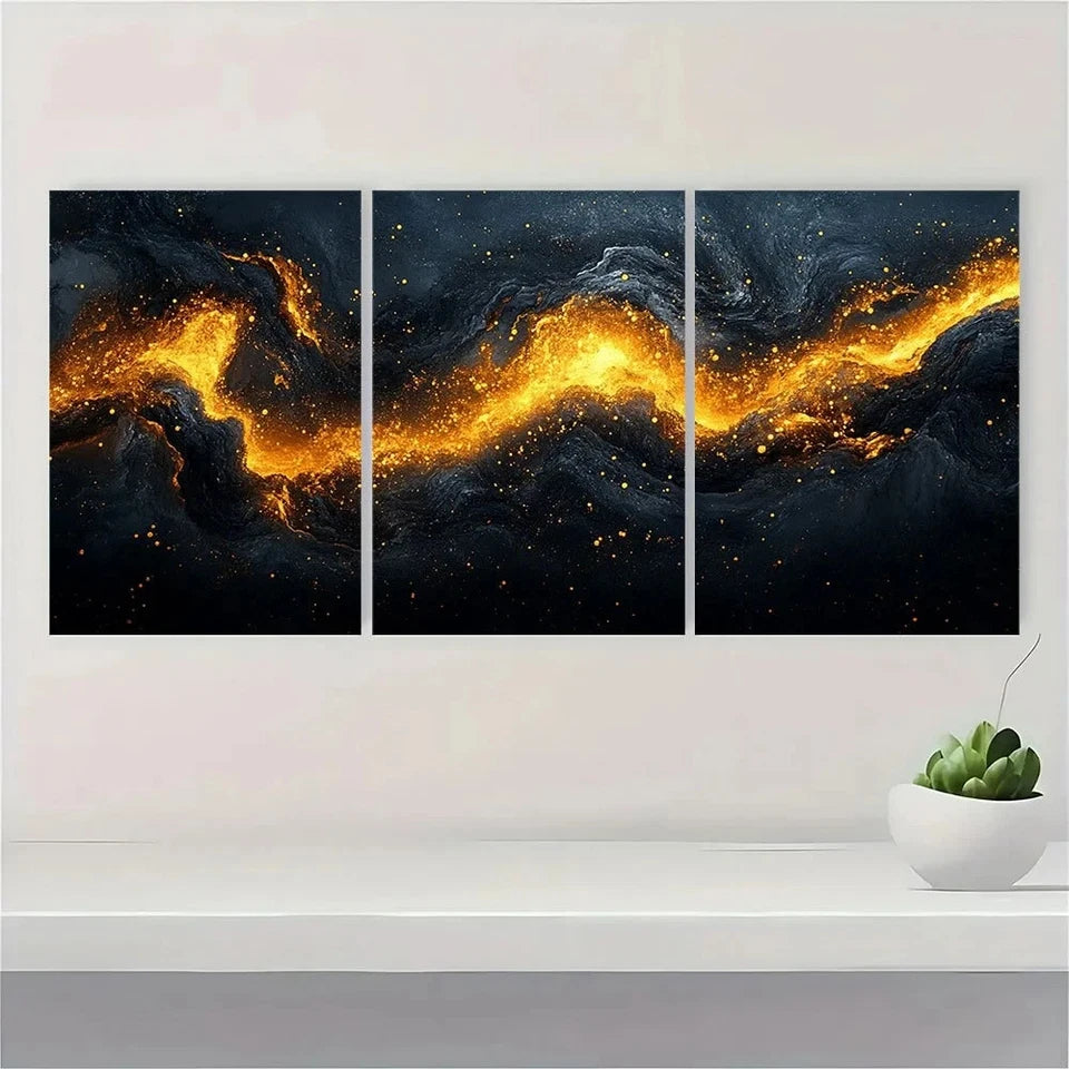 3pcs Black and Golden Abstract Metal Print Ready to Hang Art - Bella Home Decor