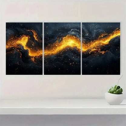 3pcs Black and Golden Abstract Metal Print Ready to Hang Art - Bella Home Decor