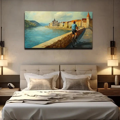 Cyclist By The Castle Beautiful Wall Art Canvas Office Home Room Framed 120x60cm