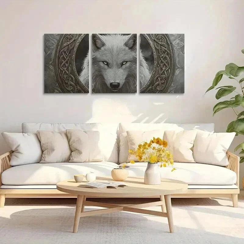 3pcs White Wolf Staring Straight Wall Art Set Canvas Framed 50x70cm - High Quality Print 100% Australian Made Wall Canvas Ready to Hang
