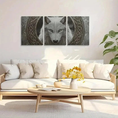 3pcs White Wolf Staring Straight Wall Art Set Canvas Framed 50x70cm - High Quality Print 100% Australian Made Wall Canvas Ready to Hang