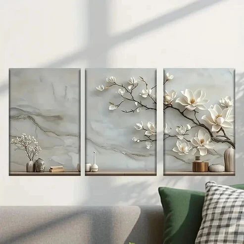 3pcs White Flowers on Marble Background Wall Art Set Canvas Unframed – High Quality Print 100% Australian Made Wall Canvas
