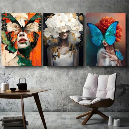 3pcs Abstract Vibrant Butterfly Lady Metal Print Ready to Hang Art - Bella Home Decor