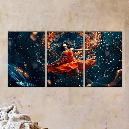 3pcs Woman in Red Dress Floating in Space Wall Art Set Canvas Framed 60x90cm - High Quality Print 100% Australian Made Wall Canvas Ready to Hang - Bella Home Decor