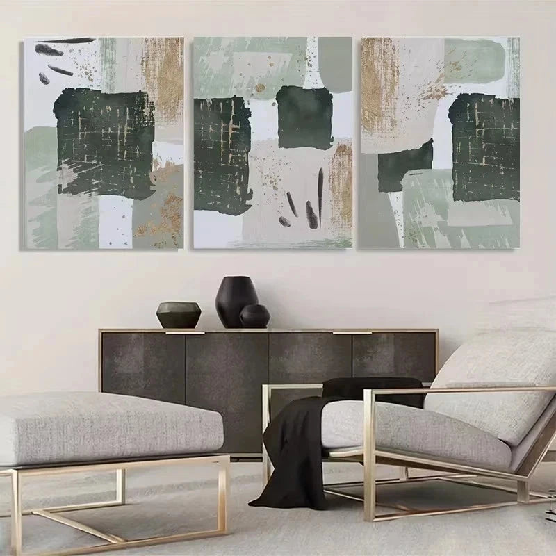 3pcs Green and Golden Watercolor Shape Metal Print Ready to Hang Art