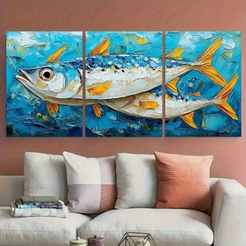 3pcs Textured Fish Artwork Coastal Perfect Wall Art Set Canvas Framed 40x60cm - High Quality Print 100% Australian Made Wall Canvas Ready to Hang
