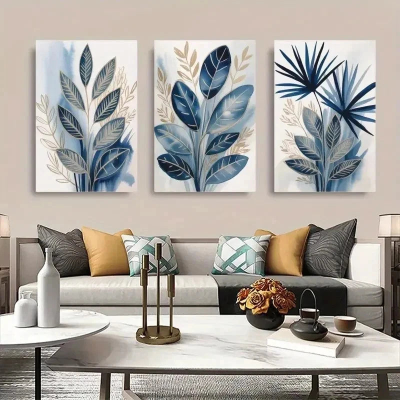 3pcs Blue Leaves, Beige Leaves Wall Art Set Canvas Framed 50x70cm - High Quality Print 100% Australian Made Wall Canvas Ready to Hang - Bella Home Decor