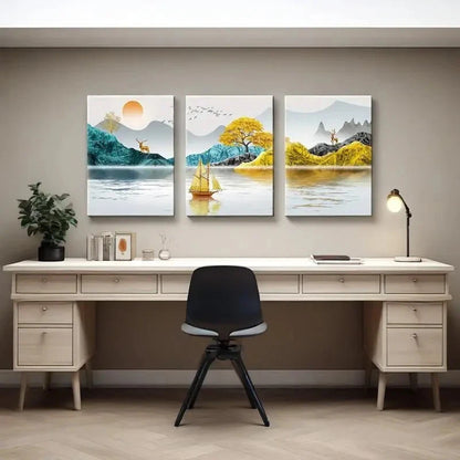 3pcs Abstract Landscape with Serene Water Metal Print Ready to Hang Art