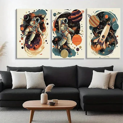 3pcs Retro Space Exploration Astronauts Perfect Wall Art Canvas Unframed - High Quality Print 100% Australian Made Wall Canvas