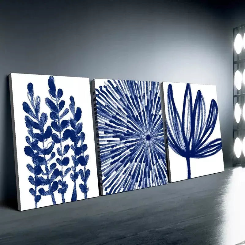 3pcs Vibrant Blue Abstract & Floral Canvas Framed 40x60cm - High Quality Print 100% Australian Made Wall Canvas Ready to Hang - Bella Home Decor