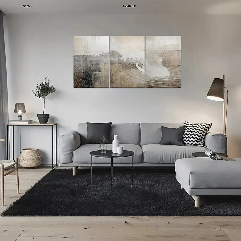 3pcs Neutral Toned Textured Ocean Metal Print Ready to Hang Art