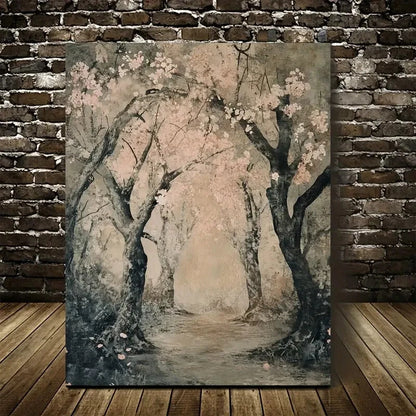 Beautiful Vibrant Peach Tree Forest Scene Painting 40x60cm Metal Print Ready to Hang