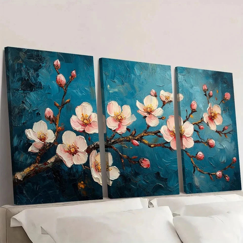 3pcs Gogh Almond Blossom Dark Blue White Flowers Wall Art Set Canvas Framed 60x90cm - High Quality Print 100% Australian Made Wall Canvas Ready to Hang - Bella Home Decor