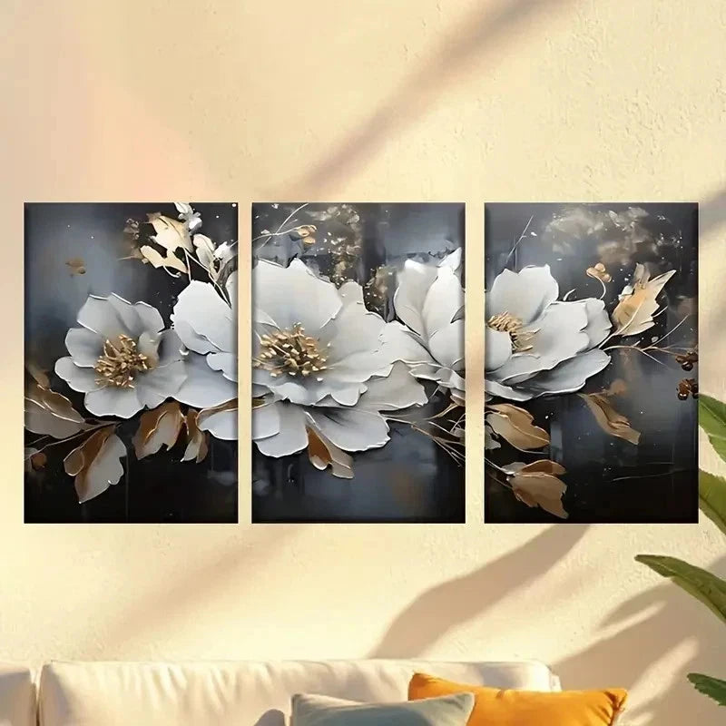 3pcs white flower with Golden leaves Wall Art Set Canvas Framed 40x60cm - High Quality Print 100% Australian Made Wall Canvas Ready to Hang