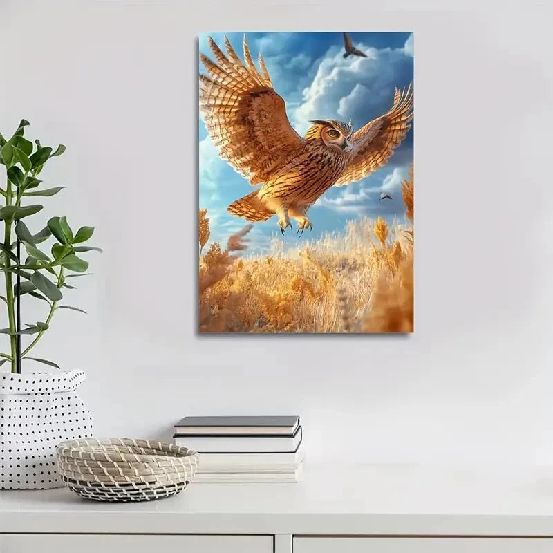 Fantasy Owl in Flight on Sunny Savannah Painting 40x60cm Metal Print Ready to Hang - Bella Home Decor