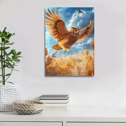 Fantasy Owl in Flight on Sunny Savannah Painting 40x60cm Metal Print Ready to Hang - Bella Home Decor