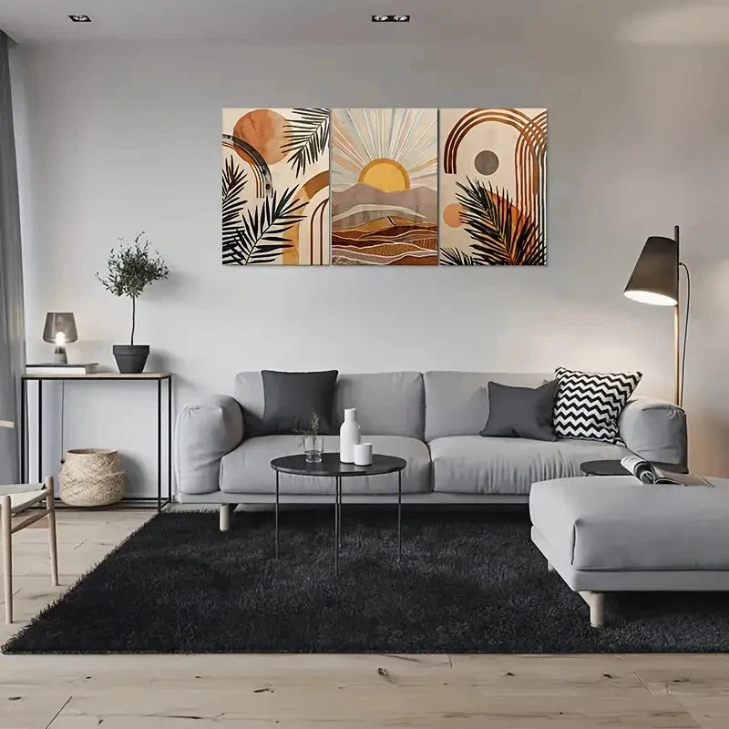 3pcs Abstract Sunset Palm Leaf & Geometric Design Metal Print Ready to Hang Art - Bella Home Decor