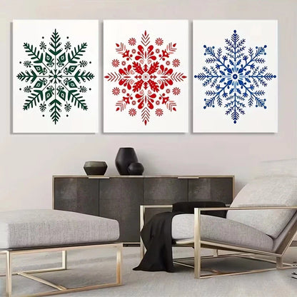 3pcs Red, Green & Blue Snowflake  Wall Art Set Canvas Framed 40x60cm - High Quality Print 100% Australian Made Wall Canvas Ready to Hang