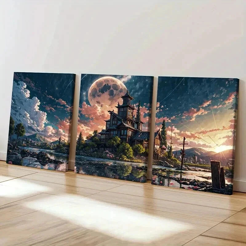 3pcs Japanese Style Temple Vintage Wall Art Set Canvas Framed 60x90cm - High Quality Print 100% Australian Made Wall Canvas Ready to Hang - Bella Home Decor