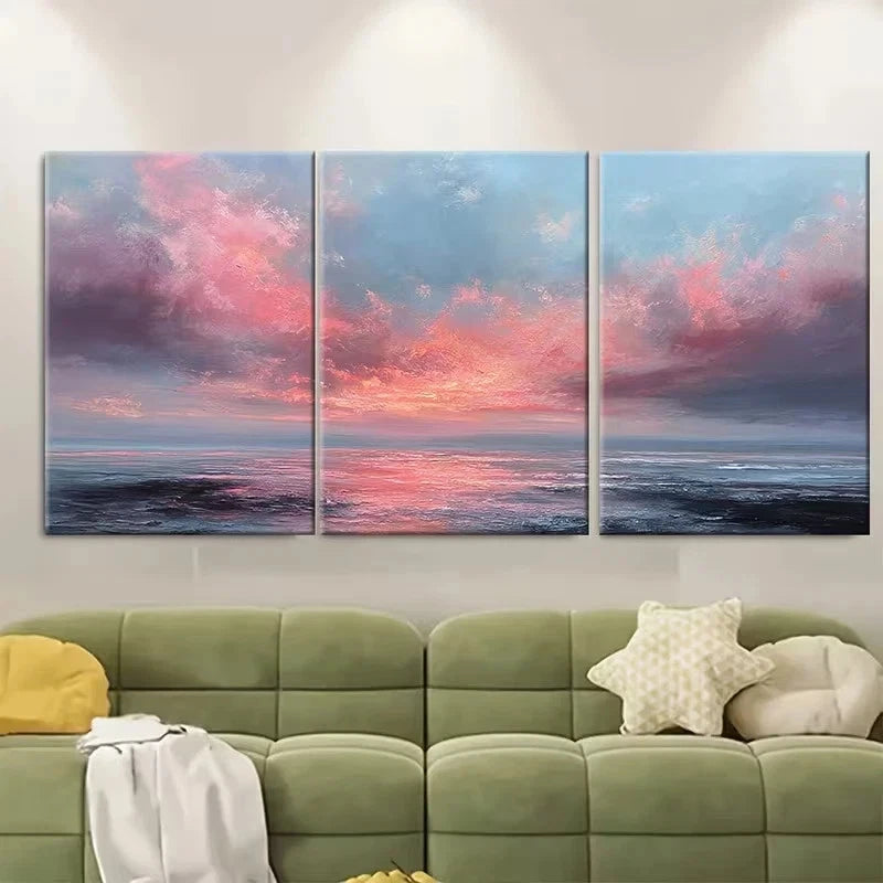 3pcs Pink Sky & Lake Landscape Coastal Wall Art Set Canvas Framed 40x60cm – High Quality Print 100% Australian Made Wall Canvas Ready to Hang