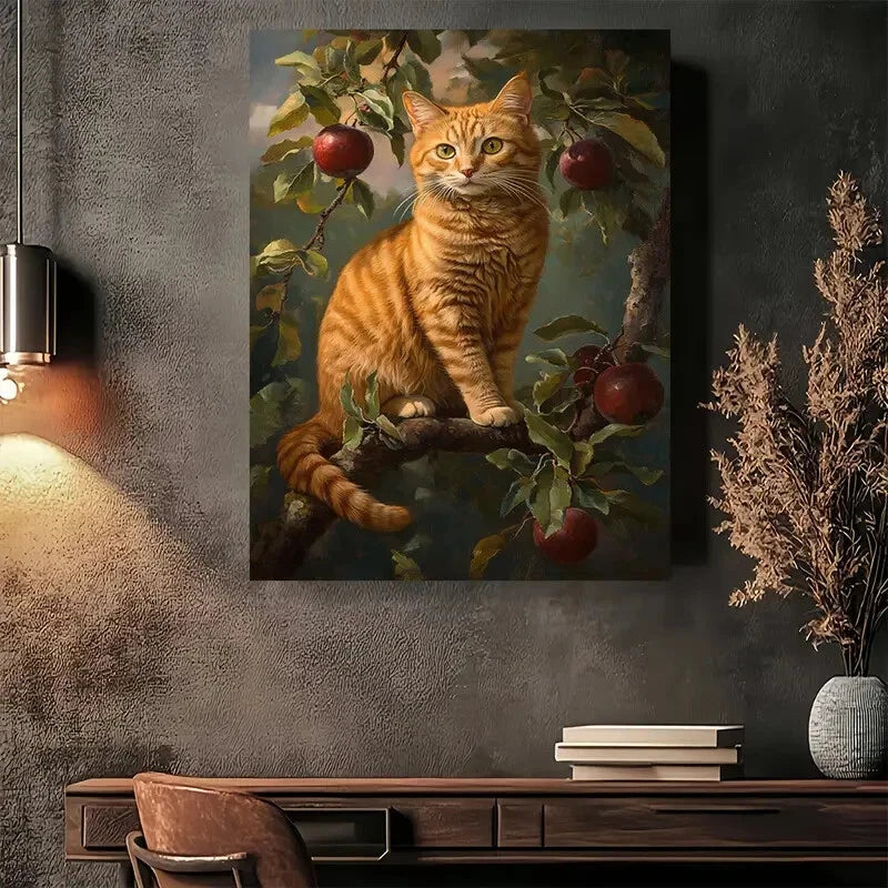 Beautiful legant Apple Cat Vintage Painting 40x60cm Metal Print Ready to Hang - Bella Home Decor