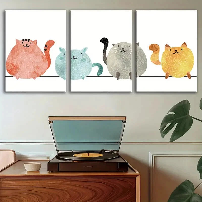 3pcs Cat Paintings Cute and Playful Style Metal Print Ready to Hang Art