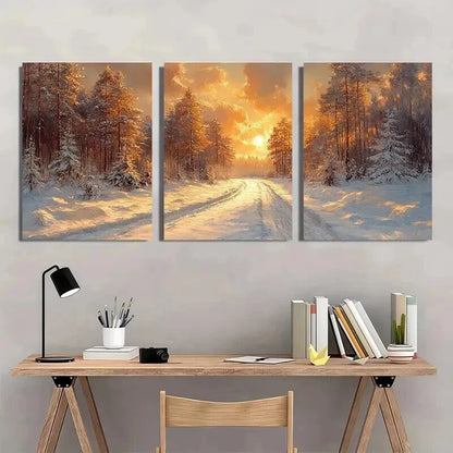 3pcs Snowy Forest with Golden Sunlight Wall Art Set Canvas Framed 40x60cm - High Quality Print 100% Australian Made Wall Canvas Ready to Hang - Bella Home Decor