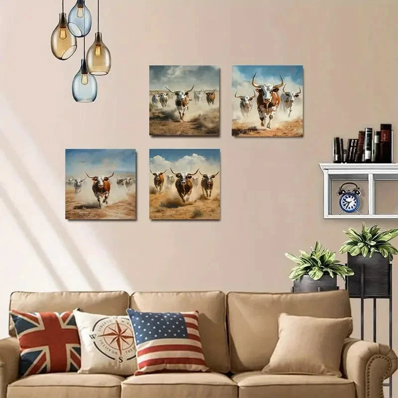 4pcs Galloping Cows In Dust Clouds Wall Art Canvas Framed