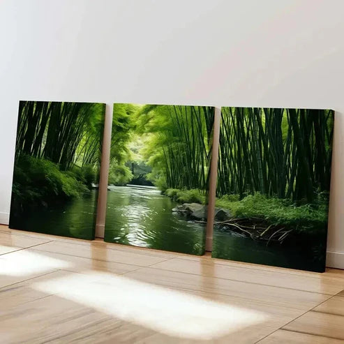 3pcs Green Bamboo Forest and River Wall Art Set Canvas Unframed - High Quality Print 100% Australian Made Wall Canvas