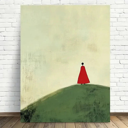 Beautiful Red Figure on Green Hill Minimalist Painting 40x60cm Metal Print Ready to Hang