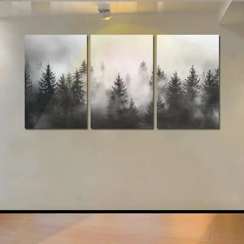 3pcs Pine Tree Silhouettes on Foggy Landscape  Wall Art Set Canvas Framed 40x60cm - High Quality Print 100% Australian Made Wall Canvas Ready to Hang