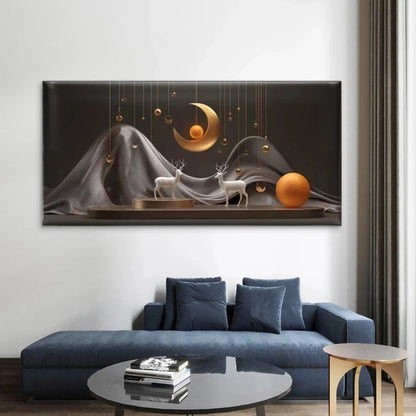 Golden Moon & Leaf Wall Art Canvas Office Home Room Framed 120x60cm