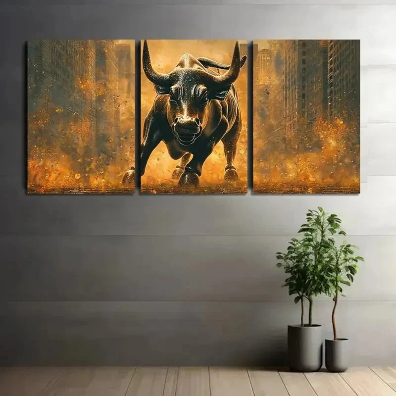3pcs Majestic Bull Charging Golden Glowing Metal Print Ready to Hang Art - Bella Home Decor