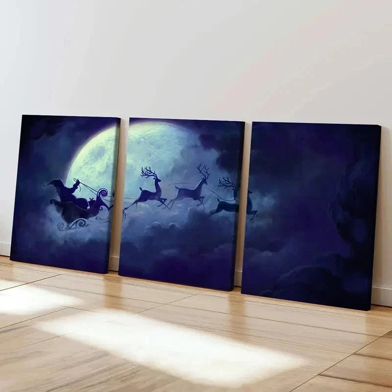 3pcs Santa Claus And Reindeer Under The Moon Wall Art Set Canvas Framed 40x60cm - High Quality Print 100% Australian Made Wall Canvas Ready to Hang - Bella Home Decor