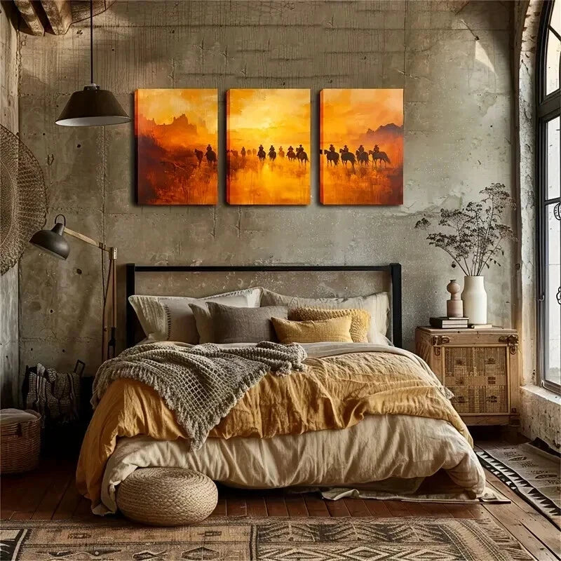 3pcs Horses Under Retro Dusk Triptych Perfect Wall Art Set Canvas Framed 60x90cm - High Quality Print 100% Australian Made Wall Canvas Ready to Hang - Bella Home Decor