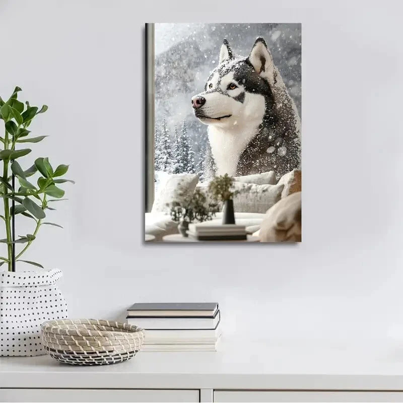 Siberian Husky On The Snow Painting 40x60cm Metal Print Ready to Hang - Bella Home Decor
