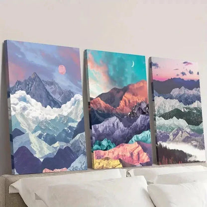 3pcs Fantasy Color Sun Moon & Mountain Scenery Wall Art Set Canvas Unframed - High Quality Print 100% Australian Made Wall Canvas