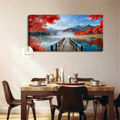 Autumnal Lake and Flying Geese Wall Art Canvas Office Home Room Framed 120x60cm