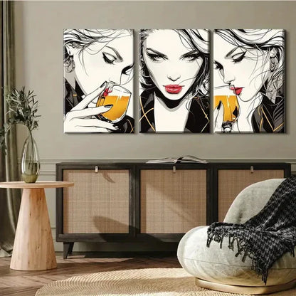 3pcs Women Drinking Cocktail Chic Poses Wall Art Canvas Unframed - High Quality Print 100% Australian Made Wall Canvas