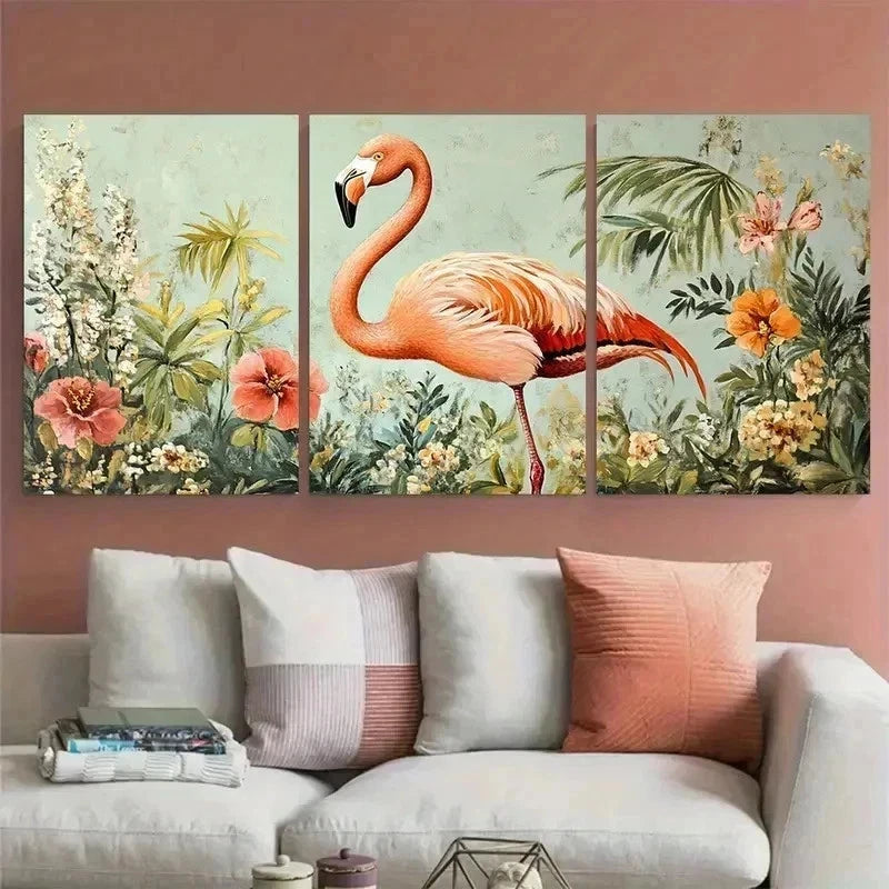 3pcs Vintage Flamingo Botanical Floral Perfect Wall Art Set Canvas Framed 60x90cm - High Quality Print 100% Australian Made Wall Canvas Ready to Hang